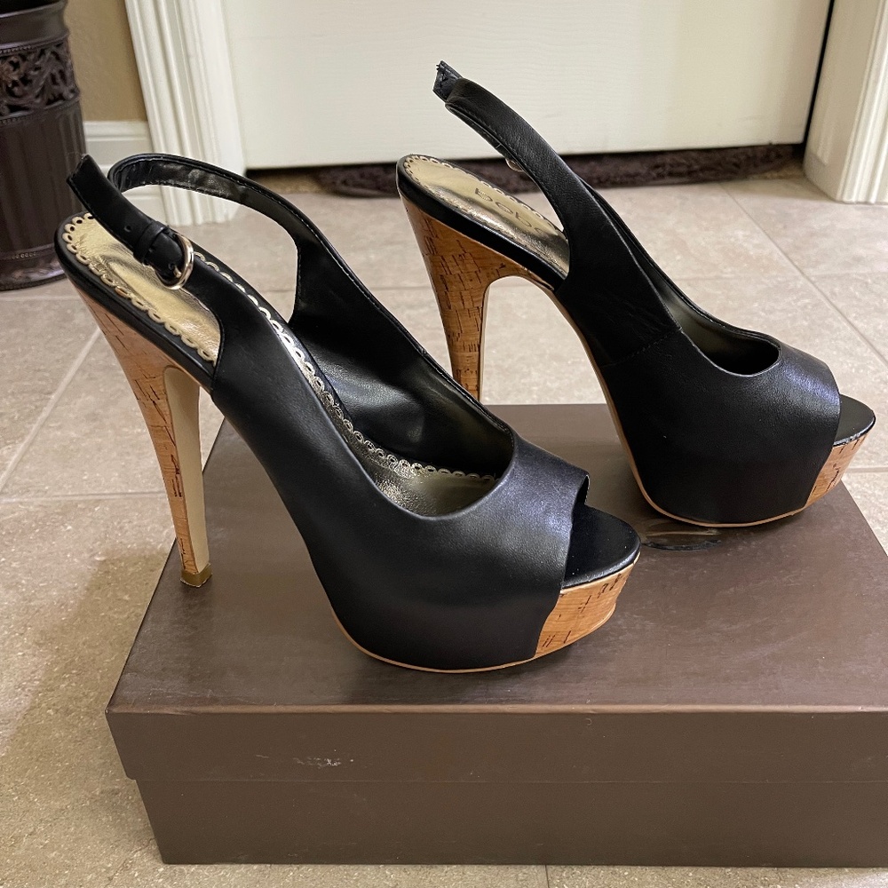 Bebe Black Leather Cork Slingback Sandal Shoe